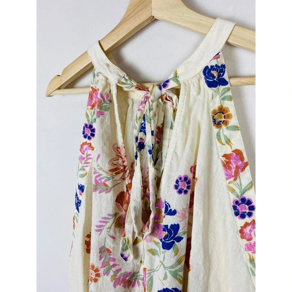 Free People Emily Floral Halter Tie-Back Top Ivory Cotton Gauze OB1434194 Large
